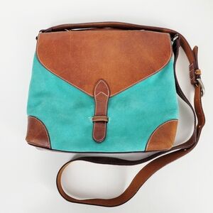 Most Wanted USA Katelyn Satchel~Leather Crossbody Purse Bag Turquoise Blue Brown